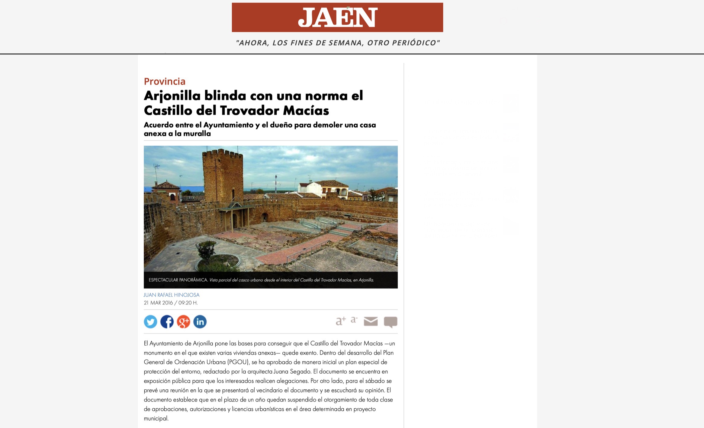 juana segado arquitectura planeamiento urbanismo castillo trovador macías arjonilla plan especial periódico jaén