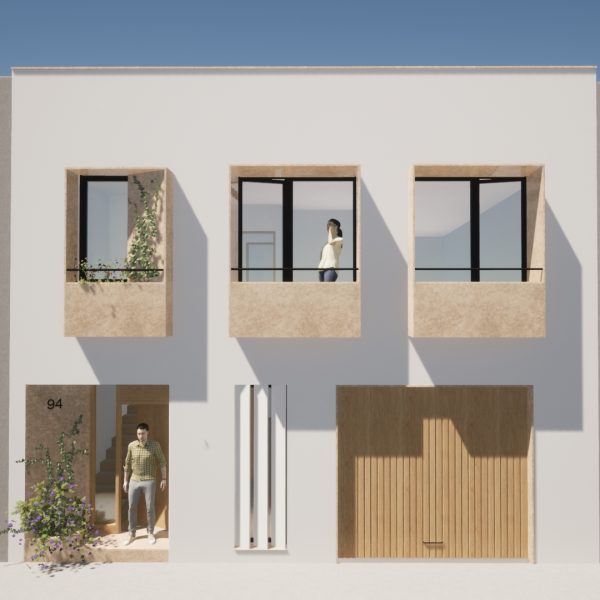 segado arquitectos propuesta fachada baños de la encina jaén piedra blanco madera domesticidad volumen sombras