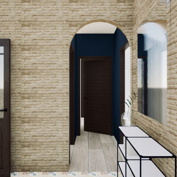 diseño vivienda unifamiliar casa segado arquitectos vestíbulo madera azul ladrillo visto tradicional rural