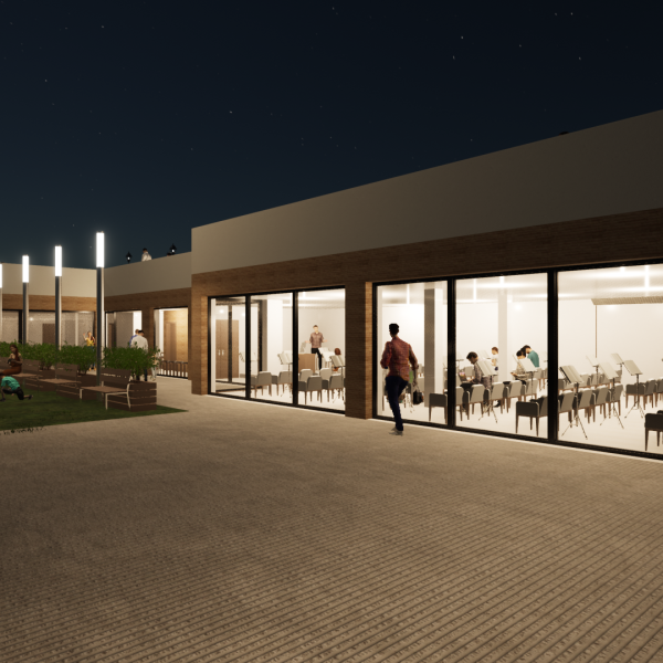 arjonilla centro sociocultural segado arquitectos diseño fachada plaza acceso nocturna ladrillo visto cristaleras