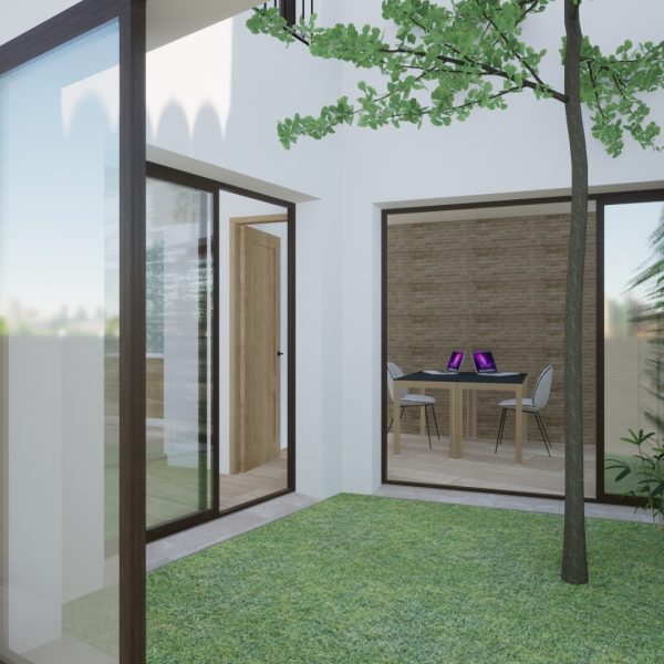 diseño vivienda unifamiliar casa segado arquitectos patio luz sótano césped árbol