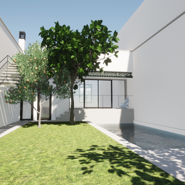 diseño vivienda unifamiliar casa segado arquitectos patio árbol escalera flotante luz espacio piscina porche pabellón