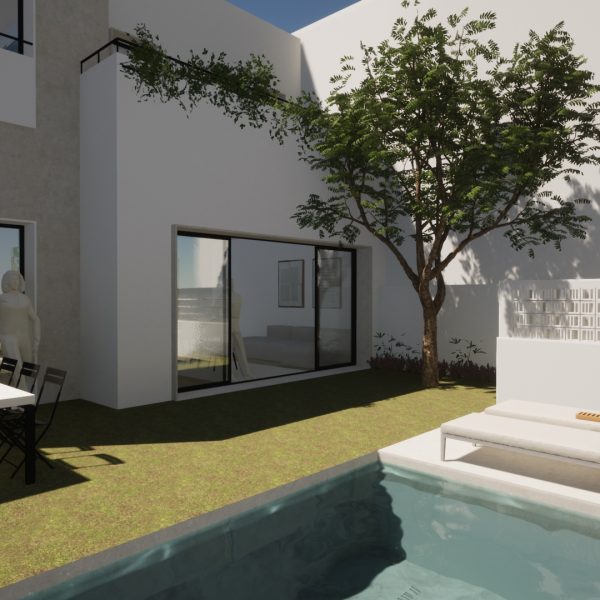 diseño vivienda unifamiliar casa segado arquitectos patio árbol piscina solarium césped fachada piedra celosía blanco