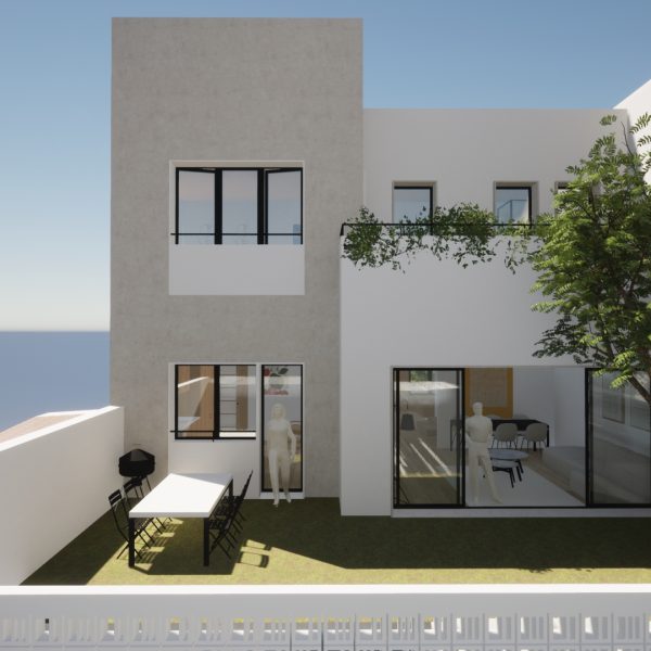 diseño vivienda unifamiliar casa segado arquitectos patio árbol césped fachada piedra celosía blanco