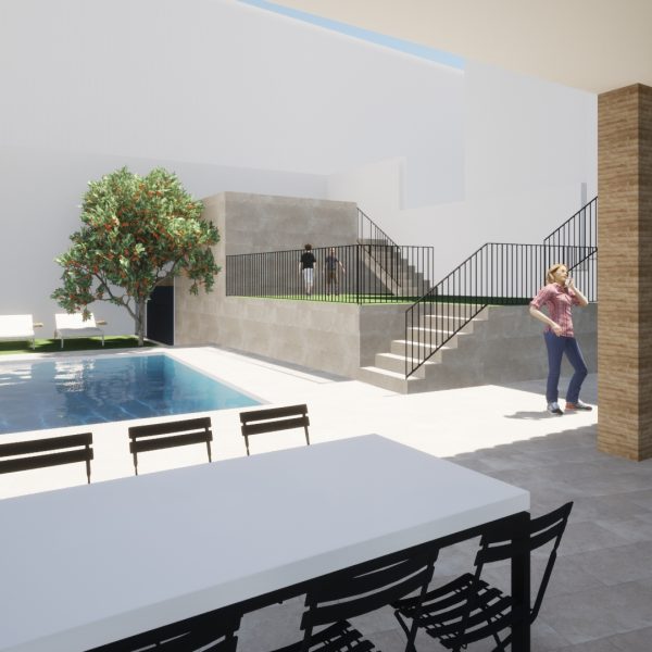 diseño vivienda unifamiliar casa segado arquitectos patio porche escaleras comedor piscina naranjo solarium tradicional rural