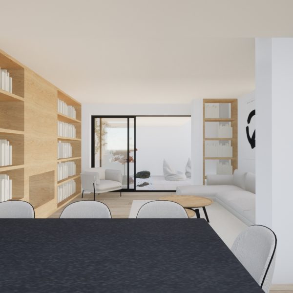 diseño vivienda unifamiliar casa segado arquitectos librería salón chimenea patio japonés