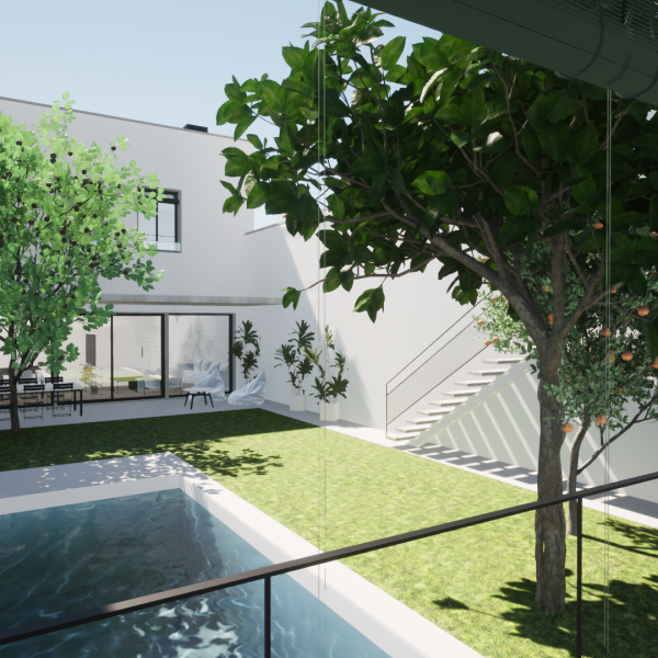 diseño vivienda unifamiliar casa segado arquitectos patio árbol escalera flotante luz espacio piscina porche pabellón gimnasio
