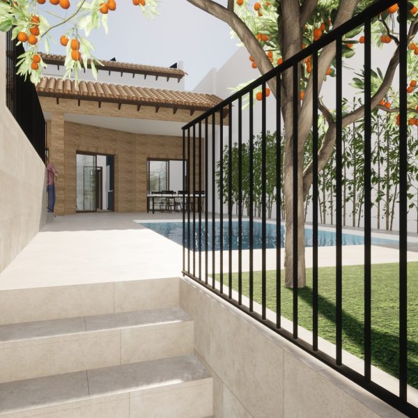 diseño vivienda unifamiliar casa segado arquitectos patio naranjo piedra piscina porche ladrillo visto escaleras tradicional rural