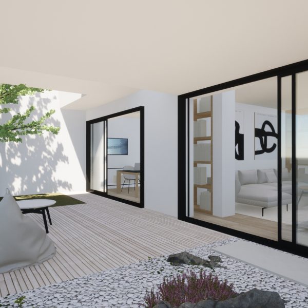 diseño vivienda unifamiliar casa segado arquitectos patio inglés japonés salón estudio porche