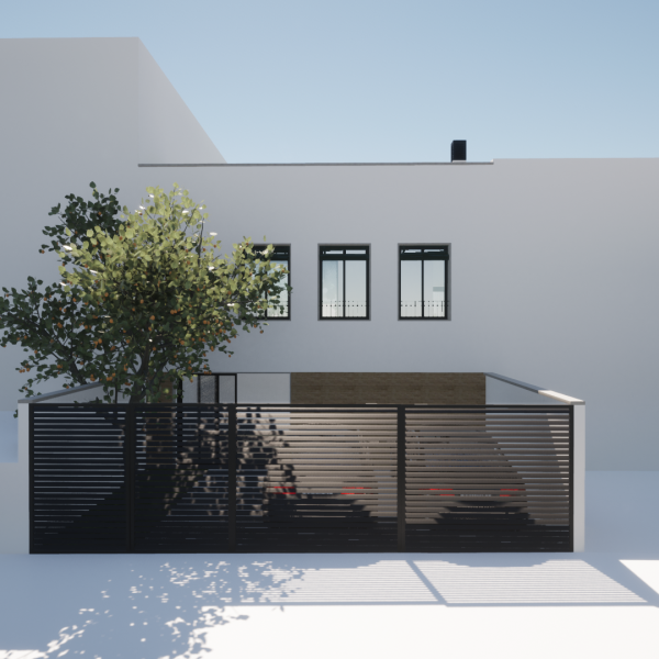 diseño vivienda unifamiliar casa segado arquitectos patio garaje árbol acceso rodado valla metálica