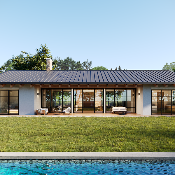 romerosa ecológica desconectada sostenible guadalajara casa rural moderno segado arquitectos porche frontal modo piscina césped jardín naturaleza