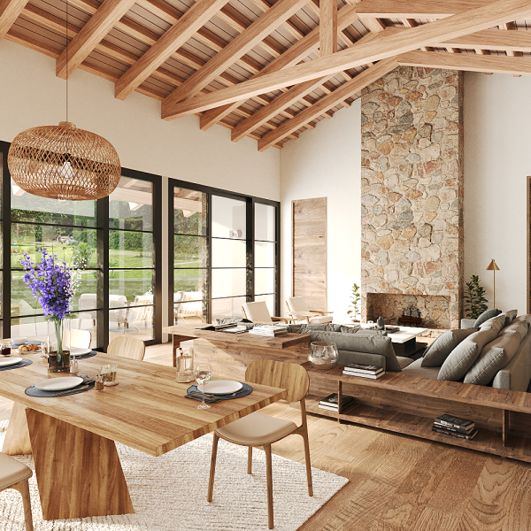 romerosa ecológica desconectada sostenible guadalajara casa rural moderno segado arquitectos modo interior salón madera rústico luz acogedora paisaje porche