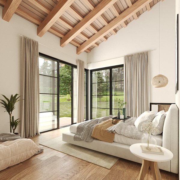 romerosa ecológica desconectada sostenible guadalajara casa rural moderno segado arquitectos modo interior dormitorio madera rústico acogedora madera ventanal esquina