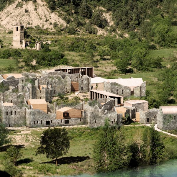 proyecto fin carrera juana segado universidad navarra jánovas centro social deportivo huesca render madera piedra rehabilitación conjunto