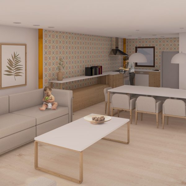 segado arquitectos proyectos reformas casa cofradía madrid andújar sierra romería salón convivencia fotomontaje render